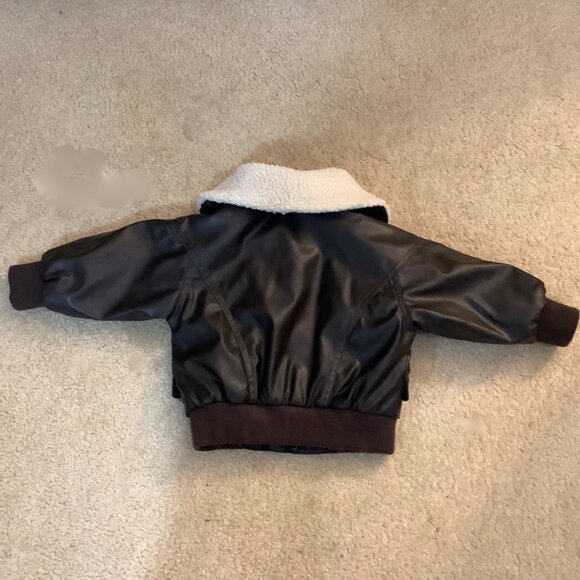 ** Infant 24 Mo Faux Leather Biker Jacket Black Removable Sherpa Collar Zip - Picture 2 of 11
